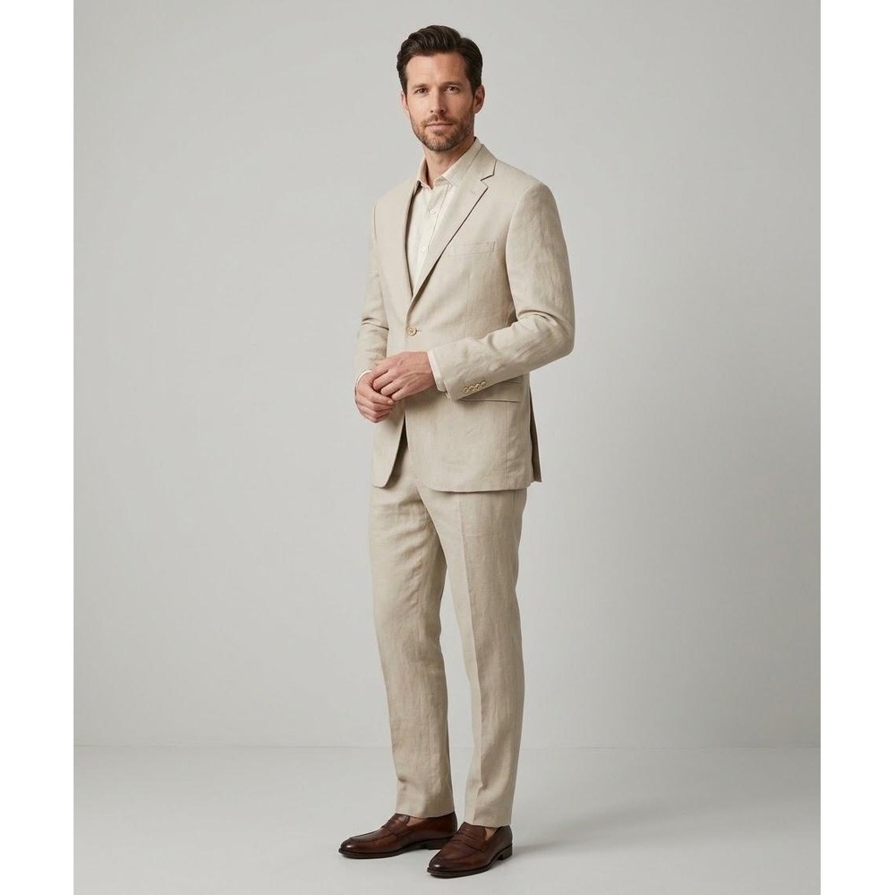 Calvin Klein Linen Suit Mens 38R 33R Beige Tan 2 Piece Blazer Trousers Fomal